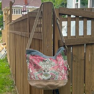 Lucky Brand Canvas and Leather Patterned Tote Bag Crossbody Purse